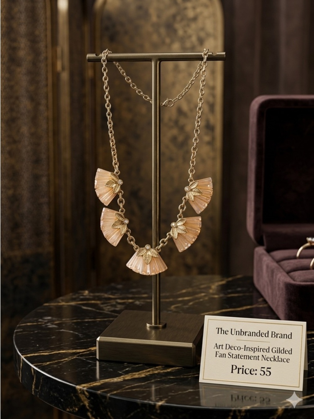Art Deco-Inspired Gilded Fan Statement Necklace in Lustrous Peach Lucite